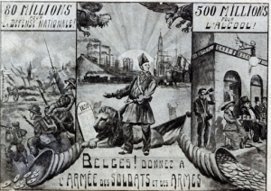 Carte postale qui compare les budgets de la guerre et de l'alcool datée de 1913.
