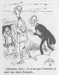 Caricature parue dans Père Ubu le 14/06/1999 montrant le Roi Albert et Broqueville dans les tranchées.